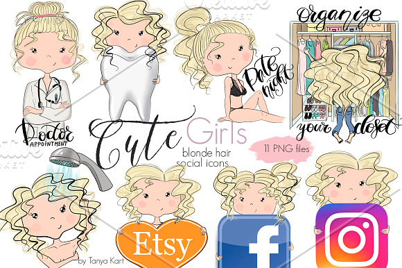Collection Cute Girls Social Icons in Illustrations - product preview 4
