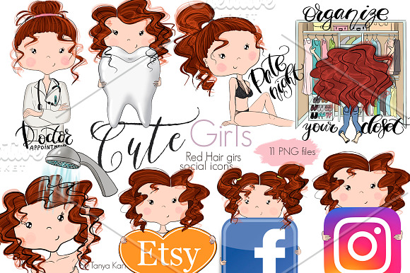 Collection Cute Girls Social Icons in Illustrations - product preview 10