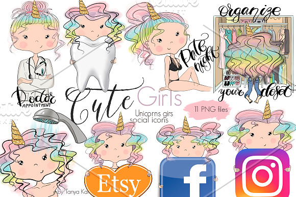 Collection Cute Girls Social Icons in Illustrations - product preview 12