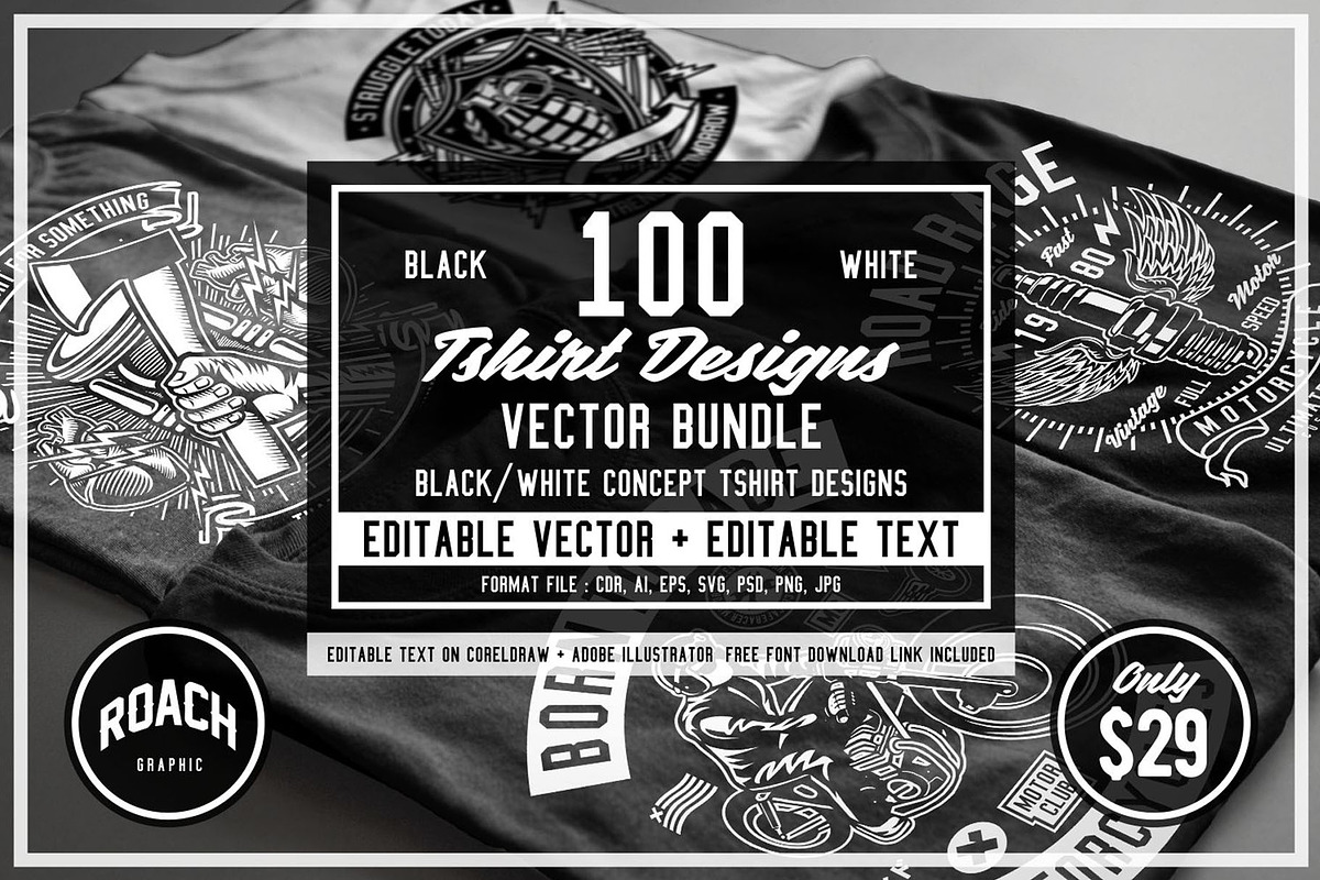  100 Vector Tshirt Designs ( B/W ) in Illustrations - product preview 8