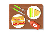 Food Placed on Wooden Board Vector Illustration