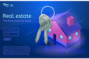 Bunch of keys and a house. Apartment and flat renting. Ultraviolet vector illustration.