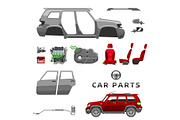Car service parts flat auto mechanic repair of machines and equipment vector illustration