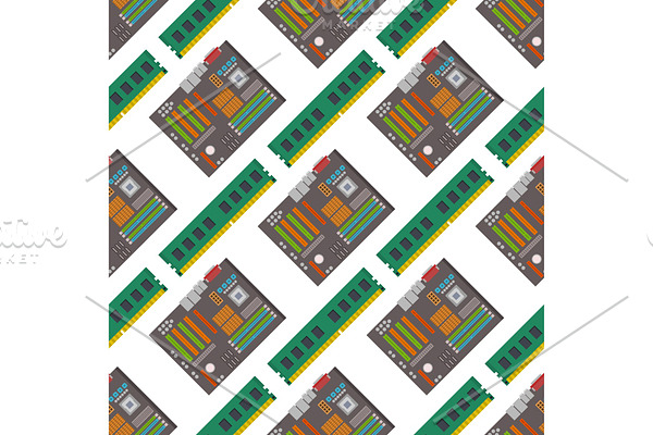 Computer chip technology processor seamless pattern background circuit motherboard information system vector illustration