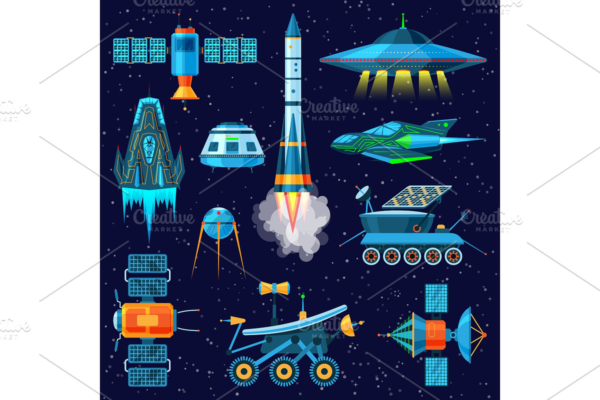 Rocket vector spaceship or spacecraft and satellite or lunar-rover illustration set of spaced ship in universe space isolated on background in Illustrations - product preview 8