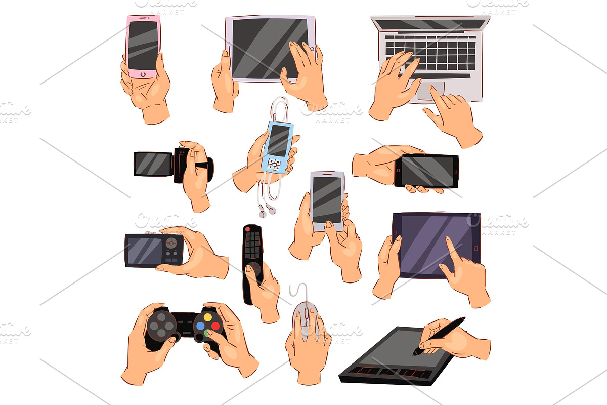 Hands with gadgets vector hand holding phone or camera illustration set of character working on digital devices laptop or tablet and playing in gamepad isolated on white in Objects - product preview 8