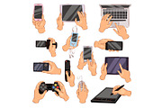 Hands with gadgets vector hand holding phone or camera illustration set of character working on digital devices laptop or tablet and playing in gamepad isolated on white