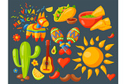 Mexico icons vector illustration traditional graphic travel tequila alcohol fiesta drink ethnicity aztec maraca sombrero.