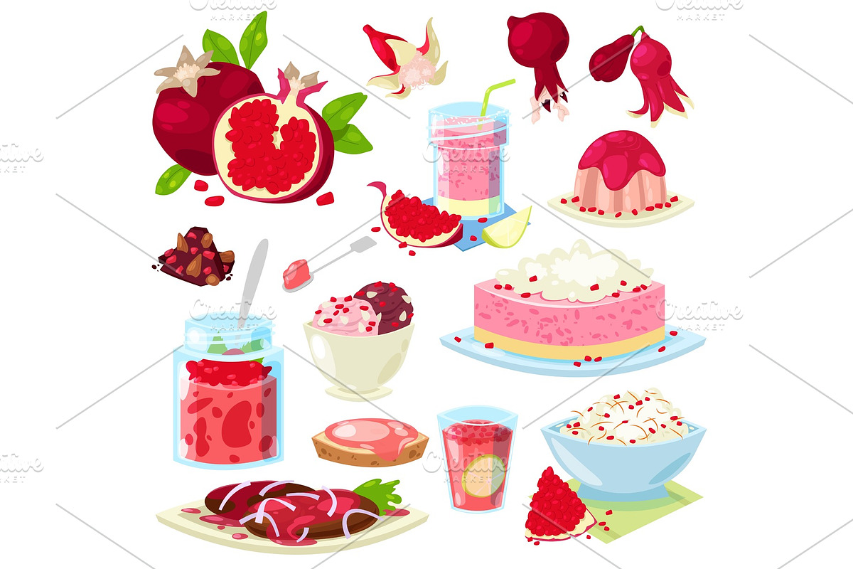 Pomegranate vector fresh fruity food dessert ice cream or cake with garnet and sweet fruit of pomegranate-tree illustration set of vegetarian nutrition diet isolated on white background in Illustrations - product preview 8