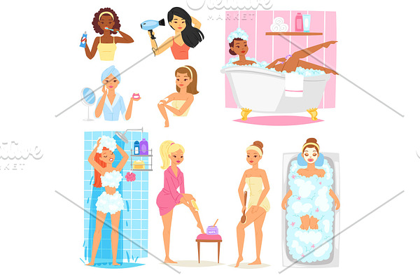 Woman bathing in bathroom vector beautiful girl character in bathrobe cleaning teeth and washing in bath illustration set of women with skincare cream isolated on white background