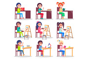 Children Do Homework Isolated Illustrations Set