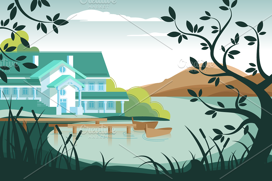 Country house on river bank in Illustrations - product preview 8