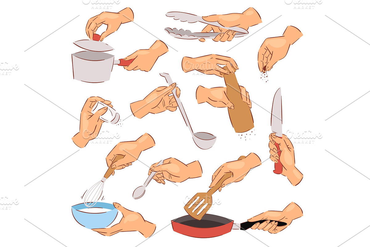 Cooking hands vector chef preparing food on frying pan using kitchenware or cookware illustration set of hand with bowl or knife isolated on white background in Illustrations - product preview 8