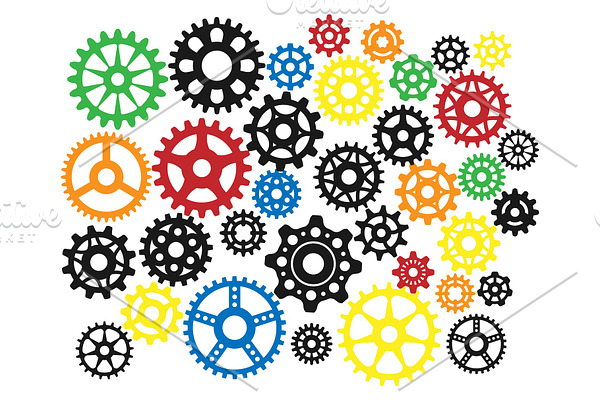 Gear icons silhouette isolated engine wheel equipment machinery element vector illustration.