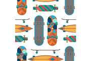 Skateboard items fingerboard seamless pattern background vector sport equipment skating transportation decorative speed freestyle leisure.