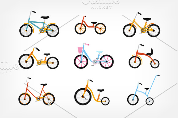 Kids bicycles of various types in Illustrations - product preview 1