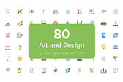 80 Art and Design Flat Icons Set 