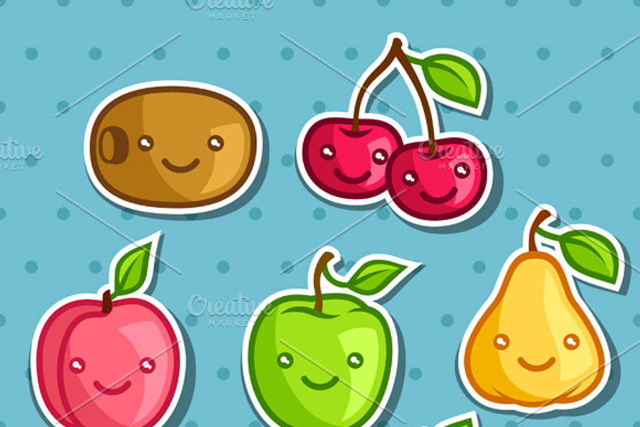 Set of cute kawaii smiling fruits. in Objects - product preview 8