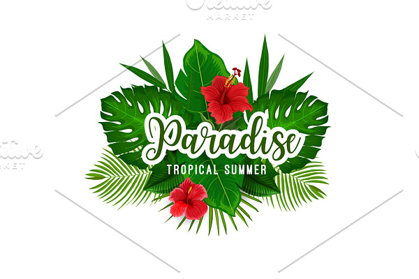 Tropical palm and flower poster for summer holiday