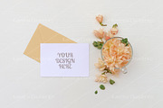 Postcard mockup, flowers & envelope