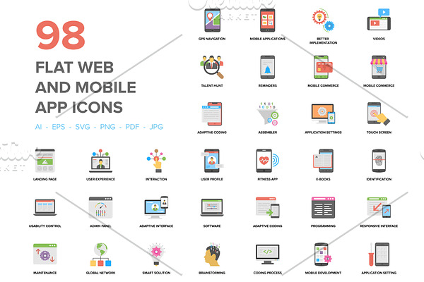 98 Flat Web and Mobile App Icons