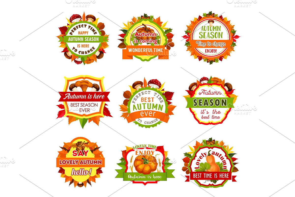 Autumn nature badge set with leaf and pumpkin in Illustrations - product preview 8