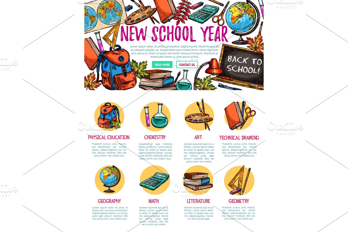Back to School vector study sketch landing page in Illustrations - product preview 8