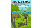 Hunting sport banner with hunter, animal and bird