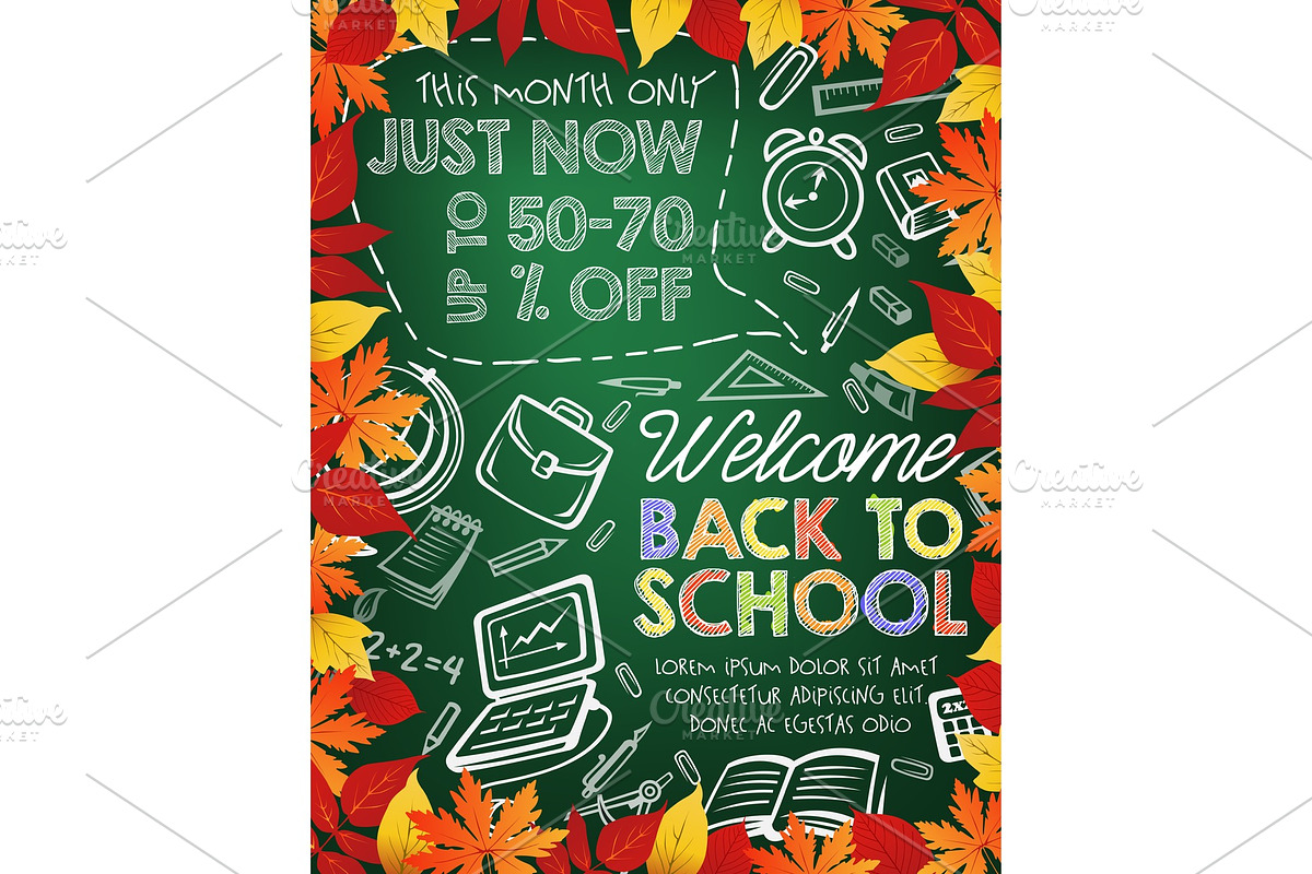 Back to school sale banner on chalkboard with leaf in Illustrations - product preview 8