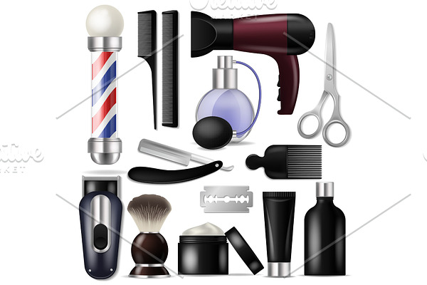 Barber vector barbershop equipment or hairdresser tools for haircutting illustration shaving-set of razor scissors and hairbrush or hair dryer isolated on white background