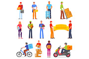 Courier vector postman character of delivery service delivering parcel box or package illustration set of deliveryman person transporting cargo isolated on white background