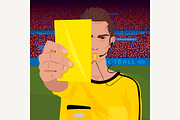 Referee whistling holds yellow card