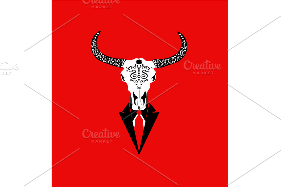 Animal skull with red tie , bulls