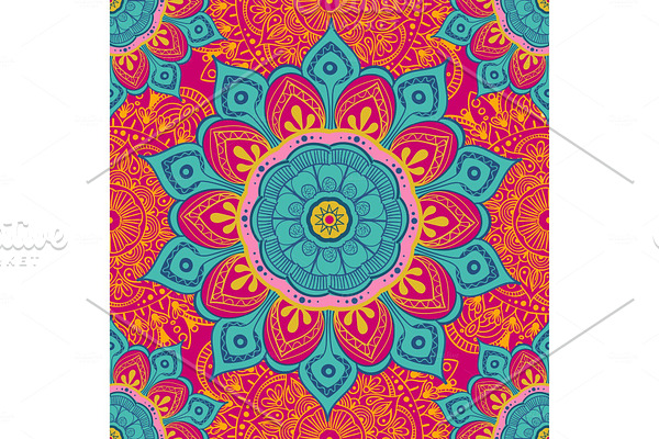 Flower mandala colorful background for cards, prints, textile and coloring books. Seamless pattern