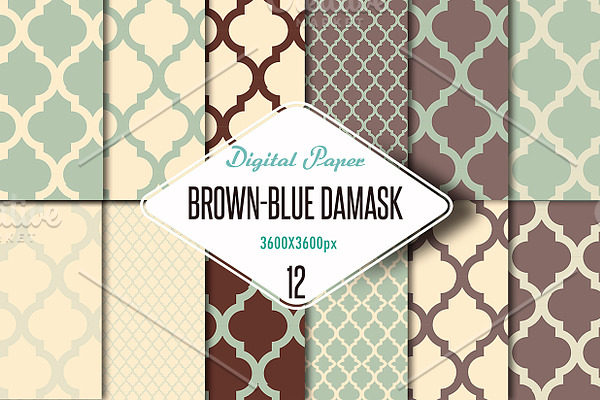 Damask digital paper, brown and blue
