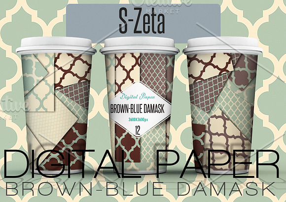 Damask digital paper, brown and blue in Patterns - product preview 1