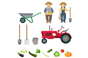 Male and female farmers and equipment for work set