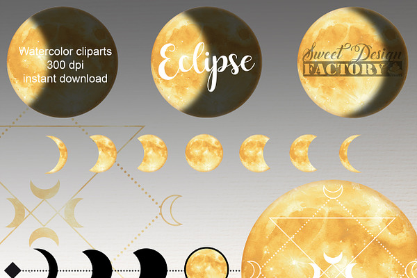 Watercolor gold moon clipart