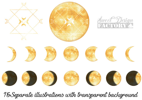 Watercolor gold moon clipart in Illustrations - product preview 2