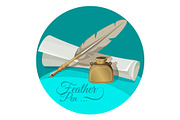 Feather pen and inkwell near paper manuscript vector illustration
