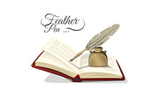 Feather pen and inkwell on open book vector illustration isolated