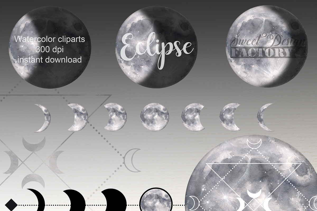 Watercolor silver moon cliparts in Illustrations - product preview 8