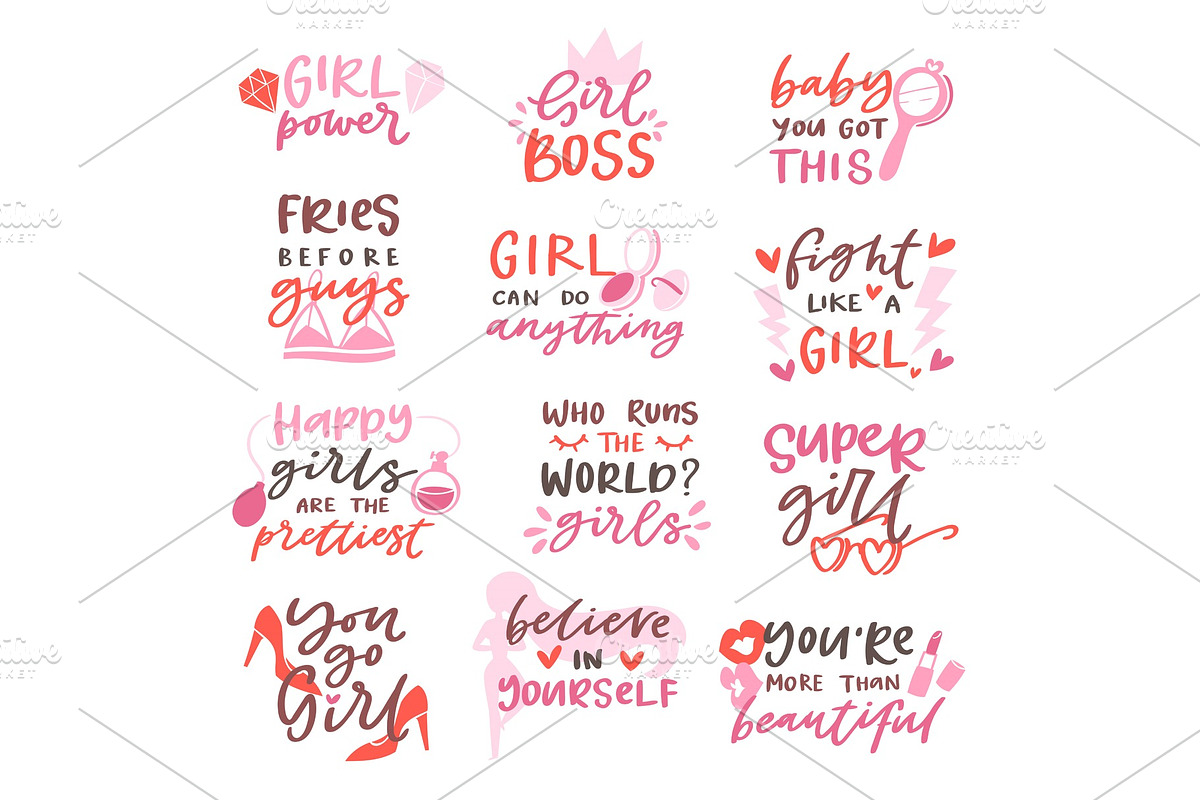 Girls sign vector girlie lettering and beautiful female text or girlish fashion template print illustration set of girlhood or girly beauty typography isolated on white background in Illustrations - product preview 8