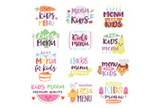 Kids menu sign vector illustration lettering template for childs food or meal in childish cafe or restaurant illustration set of baby cooking typography isolated on white background