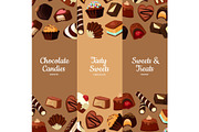 Vector vertical banners illustration with cartoon chocolate candies