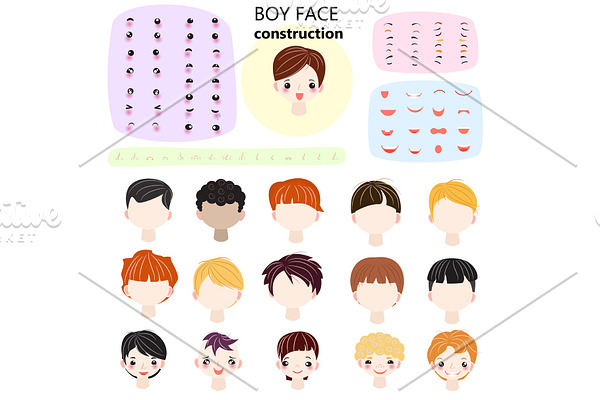 Boy face constructor vector kids character and guy avatar creation with head lips eyes illustration set of man-child facial element construction with children hairstyle isolated on background