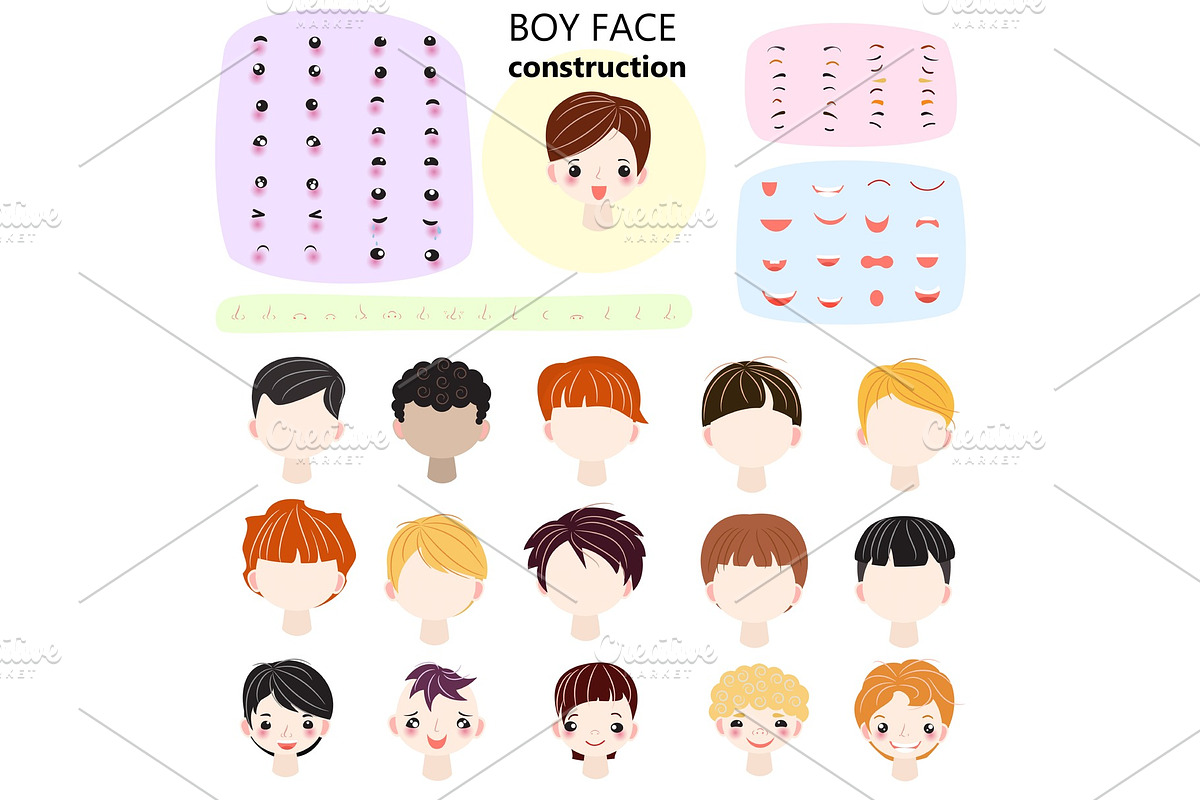 Boy face constructor vector kids character and guy avatar creation with head lips eyes illustration set of man-child facial element construction with children hairstyle isolated on background in Illustrations - product preview 8