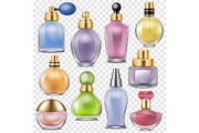 Perfume vector perfumed aroma in glass bottle or fragrance spray for scented woman illustration perfumery set of female beauty scent isolated on transparent background