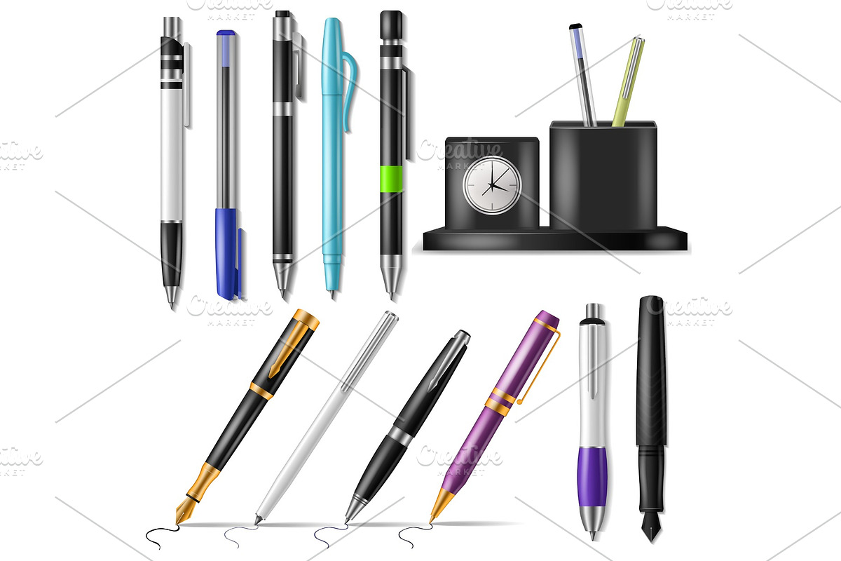 Pen vector office fountainpen or business ballpoint ink and sign of writing tools illustration set of school stationery to write isolated on white background in Objects - product preview 8