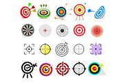 Target icon vector arrow in aim of dartboard and goal of success business strategy illustration set of sport darts game isolated on white background